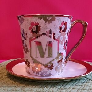 [Never Used] Elegant & Pretty Monogrammed White& Gold Mug and Saucer Set